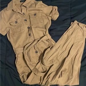 Khaki jean belted jumpsuit